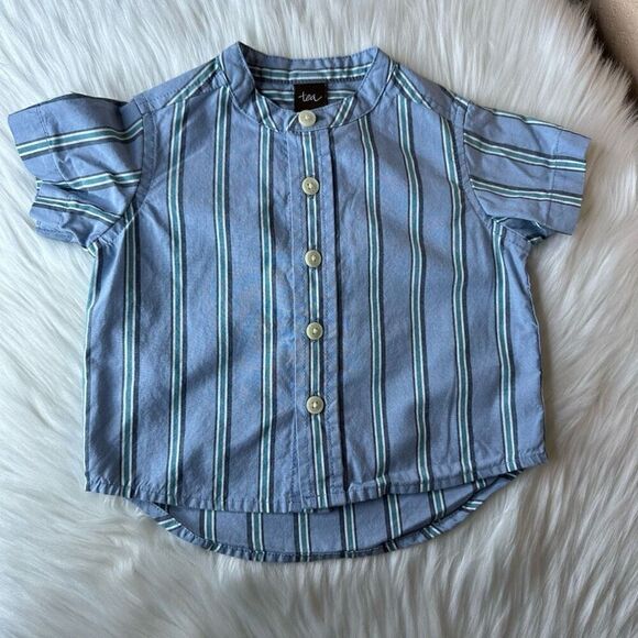 Tea Collection Dusty Blue Striped Woven Shirt Size 6-9 Months - Picture 8 of 8